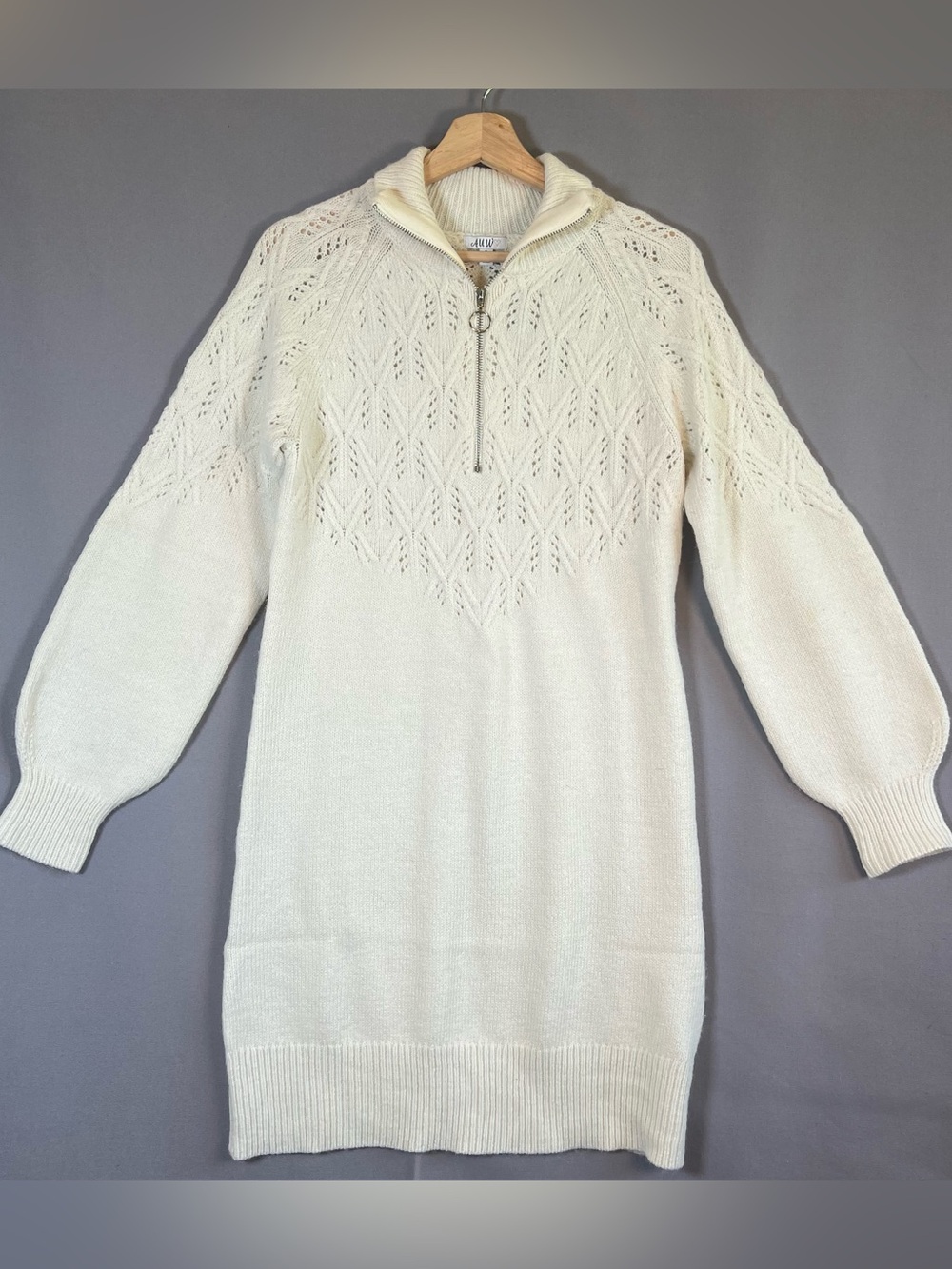 Women’s SzS Cream Pointelle Half-Zip Collared Knit Sweater Dress Bell Sleeve NWT